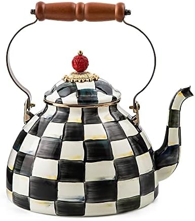  AcKenzie-Childs Courtly Check Enamel Tea Kettle, Decorative Tea Kettle, 3-Quart Capacity