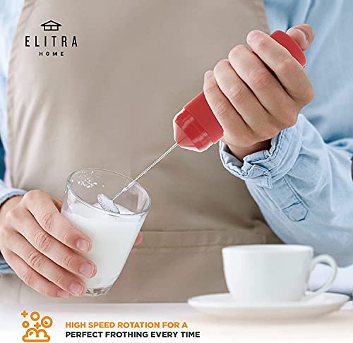  Ilk Frother Handheld Battery Operated Electric Stainless Steel Whisk Foam Maker For Coffee, Cappuccino, Latte, Hot Chocolate - By ELITRA HOME (RED)
