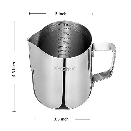  Milk Frothing Pitcher, X-Chef Milk Frother Cup, 20 Oz, Metal Frothing Cup Stainless Steel, Milk Steaming Pitcher Espresso Coffee Latte Frother Cup Barista Tools For Coffee Bar (600 Ml)