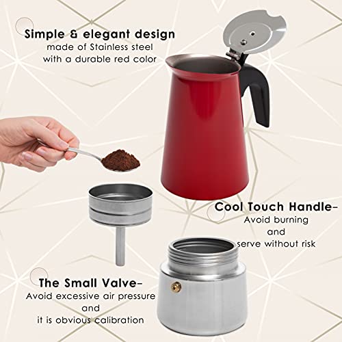  6 Cup Coffee Maker Stovetop Espresso Coffee Maker, Moka Coffee Pot With Coffee Percolator Design, Stainless Steel Stovetop Espresso Maker, Italian Coffee Maker (Red) (300ml/10oz)