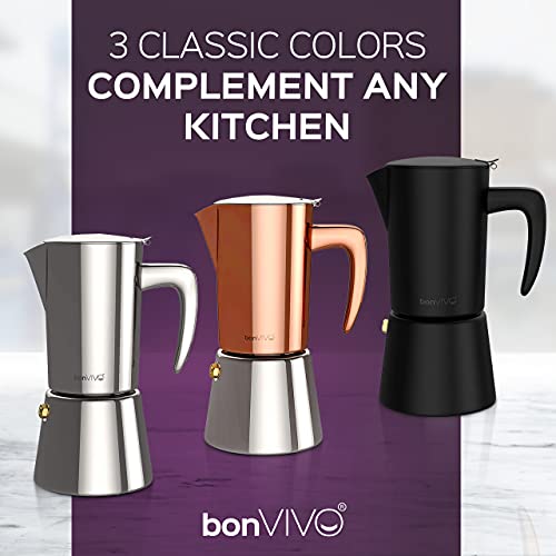  BonVIVO Intenca Stovetop Espresso Maker - Luxurious, Stainless Steel Italian Coffee Maker For Camping Or Home Use - Makes 2 Cups Of Full-Bodied Coffee - Chrome, 6.8 Oz