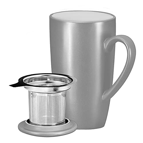  16 Oz Porcelin Ceramic Mug With Tea Infuser And Lid, Loose Leaf Tea Cup, Gift For Tea Lovers, Large Mug For Office And Travel, Gift For Christmas, Coffee Mug With Lid, Grey
