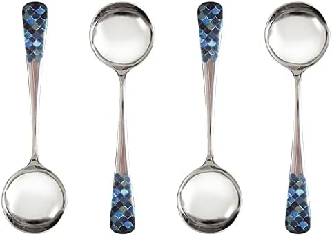  Tainless Steel Coffee Round Spoon,Korean Dessert Spoon,Fish Scale Pattern Mixed Color Tea Spoon For Home, Kitchen Or Restaurant, Set Of 4 Coffee Spoons, 6 Inches.