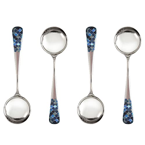  Tainless Steel Coffee Round Spoon,Korean Dessert Spoon,Fish Scale Pattern Mixed Color Tea Spoon For Home, Kitchen Or Restaurant, Set Of 4 Coffee Spoons, 6 Inches.