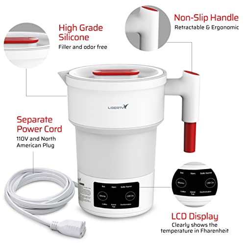  Premium Portable Travel Electric Kettle Foldable BPA-Free Silicone Collapsible, Temperature Display 6 Preset Functions, Auto Shut-Off, Bottle Warmer, Hot Water Boiler