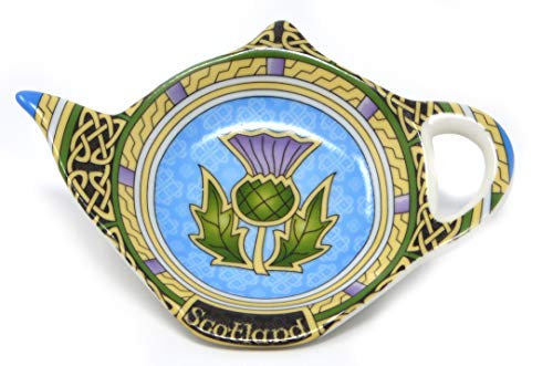  Scotland Teabag Holder With Thistle - Teapot Shaped Resting Caddy Saucer/Scottish Thistle TeaBag Saucer - Made Of New Bone China Celtic Accessories Diameter 4"/10cm