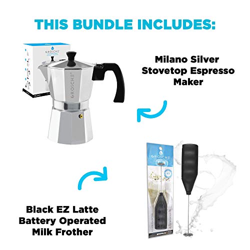  Milano Stove Top Espresso Maker (6 Espresso Cup Size 9.3 Oz) Silver, And Battery Operated Milk Frother Bundle For Lattes