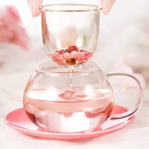  Mothers Day Gifts For Mom Glass Tea Cup Cute Mushroom Mug With Mushroom Spoon, Tea Cups With Infuser Strainer Filter, Clear Teapot With Ceramic Lid Coaster, Heat Resistant For Home290ML 9.6oz (Pink)