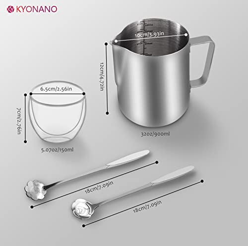  Milk Frothing Pitcher 900ml/32oz Espresso Accessories Set: Stainless Steel Milk Pitcher With Insulated Glasses Espresso Mug & 2 Spoons, Milk Frother Cup Frothing Pitcher Barista Tools