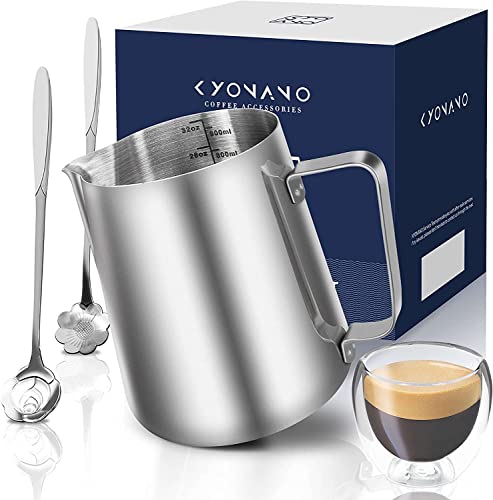  Milk Frothing Pitcher 900ml/32oz Espresso Accessories Set: Stainless Steel Milk Pitcher With Insulated Glasses Espresso Mug & 2 Spoons, Milk Frother Cup Frothing Pitcher Barista Tools