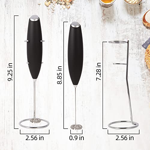  Handheld Milk Frother With Stand,Uses Batteries, Mini Electric Frother For Coffee,Latte,Cappuccino,Hot Chocolate,Matcha,Durable Drink Mixer With Stainless Steel Whisk (Black)