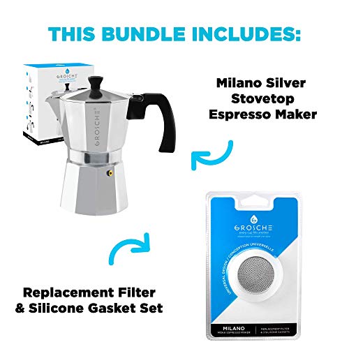  Milano Stovetop Espresso Maker Moka Pot 6 Espresso Cup - 9.3 Oz, Silver And 3 Replacement Seals Gaskets Bundle Stove Top Coffee Maker Moka Italian Espresso Coffee Maker And Replacement Gaskets