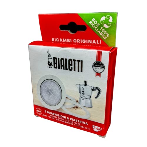 Bialetti 3 Gaskets (Rubber Rings) 1 Filter Plate Replacement For Moka 3 + 4 Cups