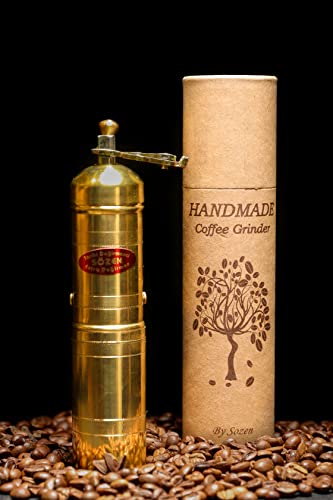 7" Handmade Manual Brass Coffee Mill Grinder Sozen, Adjustable Portable Conical Burr Coffee Mill, Portable Hand Crank Coffee Grinder, Turkish Coffee Grinder