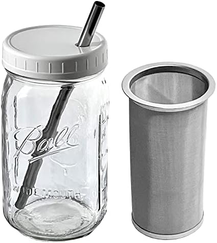  Old Brew Coffee Maker - Ice Tea Maker, Heavy Duty Glass Mason Jar 32 Oz, Fine Mesh Stainless Steel Filter - Includes Lid And Straw