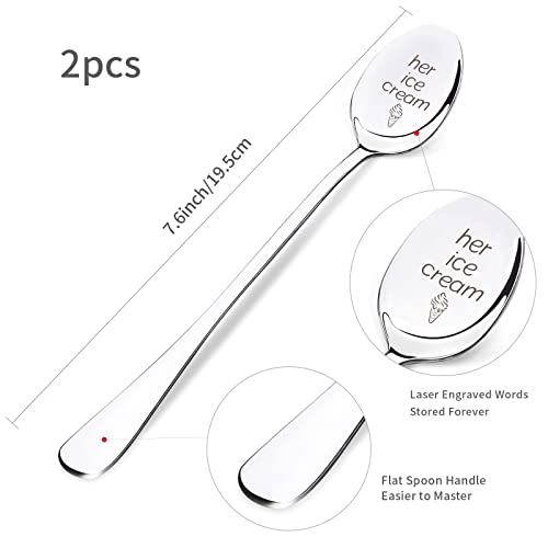  2 Pieces Her Ice Cream Spoon, Engraved Stainless Steel Espresso Spoon Funny Coffee Lovers Gift For Friends Or Family