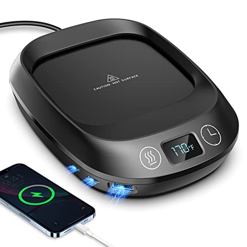  Coffee Mug Warmer,Coffee Warmer With 3 Temperature Settings, Auto Shutt-Off,Gravity Switch And 3x10W Charging Port, 70W Coffee Cup Warmer For Desk Use,Electric Beverage Warmer For Keep Coffee Tea Hot