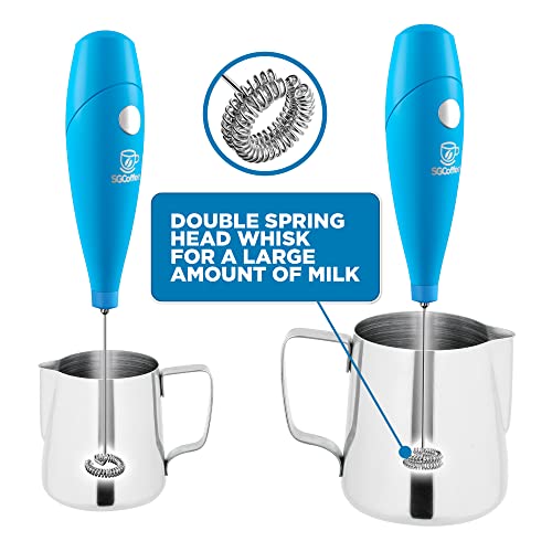  Powerful Double Whisk Milk Frother - Handheld Coffee Blender Frother For Lattes - Electric Whisk Mini Mixer, Milk Foamer Drink Stirrer, Foam Maker For Coffee, Frappe, Matcha, Cappuccino - Blue