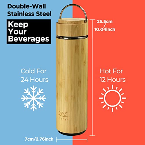 18oz Bamboo Mug Tumbler With Lid And 2 Pack Tea Filters For Loose Leaf Tea – Stainless Steel Insulated Tea Infuser Bottle With Strainer – Tea Gift Set For Tea Lovers Men Women
