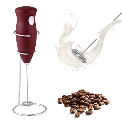  Milk Frother Handheld - Frother For Coffee Electric Handheld Foam Maker With Stainless Steel Stand, Battery Powered Portable Whisk Mixer For Coffee, Cappuccino, Latte, Matcha, Hot Chocolate (Red)