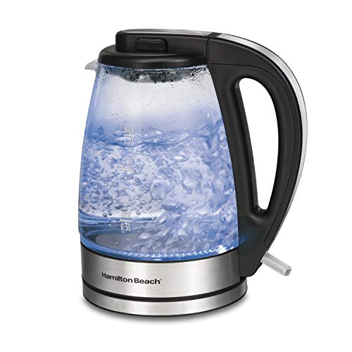 Hamilton Beach Der And Food Processor Combo, Grey & Black (58163) & 40864 Electric Tea Kettle, Water Boiler & Heater, Cordless, 1.7 L, Clear Glass
