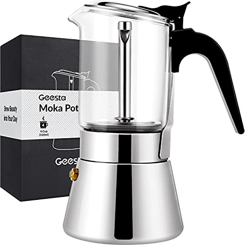  EESTA Premium Crystal Glass-Top Stovetop Espresso Moka Pot - 4 / 6/ 9 Cups - Stainless Steel Coffee Maker- 160ml/5.6oz/4 Cup (esHimpresso Cup=40ml)- Valentines Day Gifts
