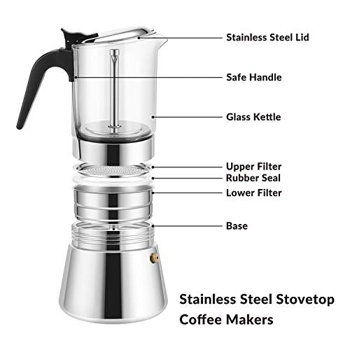  EESTA Premium Crystal Glass-Top Stovetop Espresso Moka Pot - 4 / 6/ 9 Cups - Stainless Steel Coffee Maker- 160ml/5.6oz/4 Cup (esHimpresso Cup=40ml)- Valentines Day Gifts