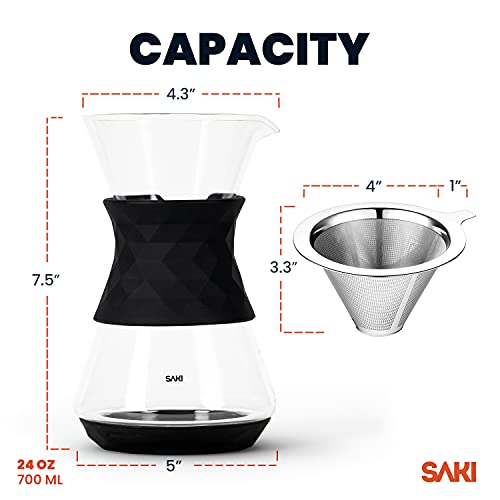  Pour Over Coffee Maker With Double Layer Stainless Steel Filter, Silicone Lid, Coffee Dripper Brewer, Heat Resistant Borosilicate Pour Over Carafe, 24 Ounce 