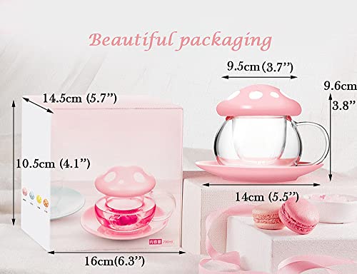  Mothers Day Gifts For Mom Glass Tea Cup Cute Mushroom Mug With Mushroom Spoon, Tea Cups With Infuser Strainer Filter, Clear Teapot With Ceramic Lid Coaster, Heat Resistant For Home290ML 9.6oz (Pink)