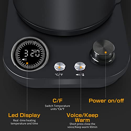  Electric Kettle Gooseneck 0.8L Tea Coffee Kettle Quick Heating Pour Over Kettle Temperature Control With LED Screen Stainless Steel Inner Lid & Bottom, Matte Black 1200W