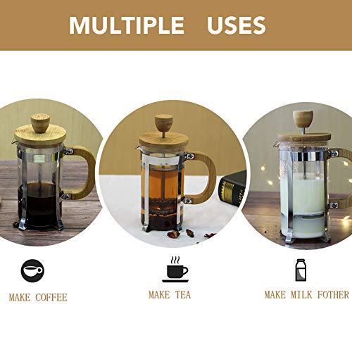  12 Oz French Press Coffee/Tea Maker Single Cup Espresso Press Stainless Steel Filter 0.35L High Borosilicate Carafe Durable Bamboo Handle Small Coffee Maker