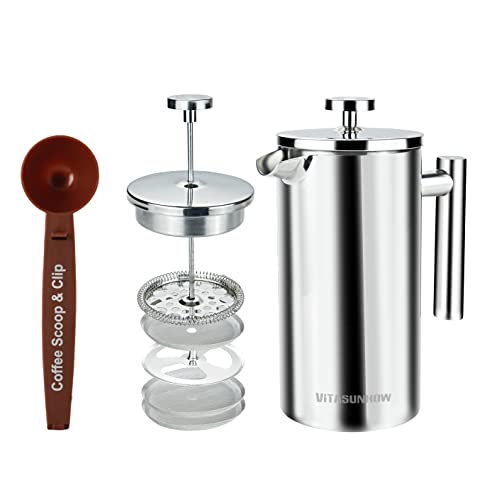  Vitasunhow Insulated French Press Coffee Maker Stainless Steel Double-Wall Metal 3 Level Filtration System, Rust-Free Dishwasher Safe