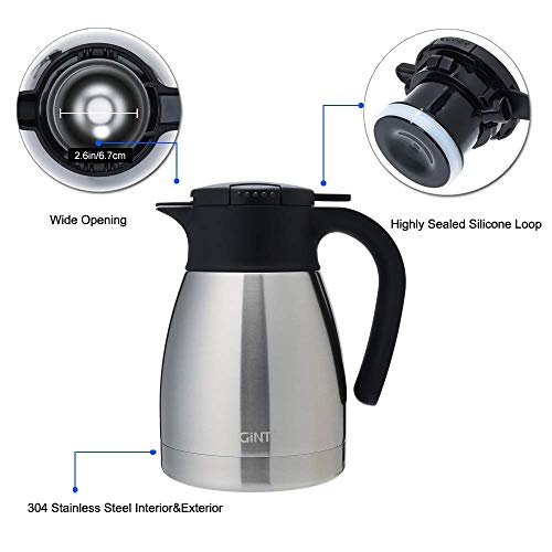  34Oz Thermal Coffee Carafe, Insulated Stainless Steel Coffee Carafes For Keeping Hot/Double Walled Vacuum Coffee Carafe (Silver, 1L)