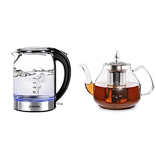  Osori 1.7L Electric Kettle Glass Hot Water Boiler & Tea Heater, Glass Teapot Scale Line & Removable Stainless Steel Infuser Stovetop Safe For Blooming And Loose Leaf Tea Brewer