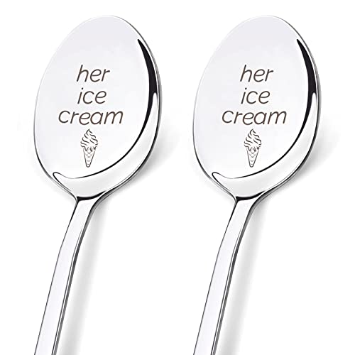  2 Pieces Her Ice Cream Spoon, Engraved Stainless Steel Espresso Spoon Funny Coffee Lovers Gift For Friends Or Family