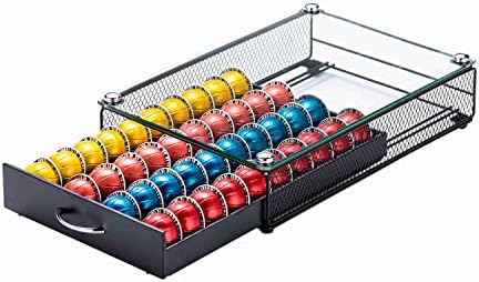  Nespresso Pod Holder, Glass Top Vertuo Pod Holder Storage, Black Nespresso Vertuo Coffee Pod Holder Drawer, 40 Pods