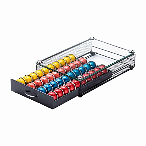  Nespresso Pod Holder, Glass Top Vertuo Pod Holder Storage, Black Nespresso Vertuo Coffee Pod Holder Drawer, 40 Pods