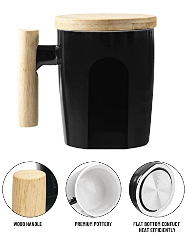  Flat Bottom Mug With Wood Lid, Ceramic Tea Cup For Coffee Warmer, Flat Bottomed, Wooden Handle, 14oz