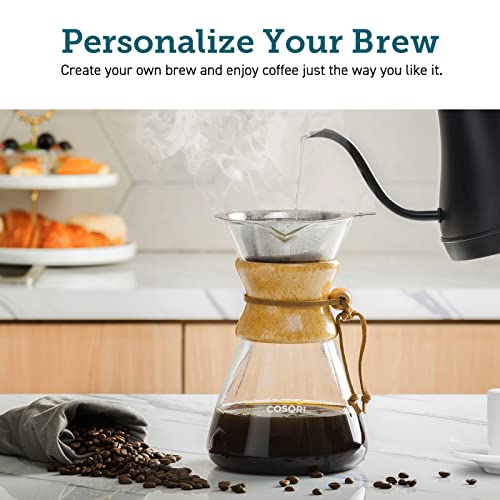  Pour Over Coffee Maker With Double-layer Stainless Steel Filter, Coffee Dripper Brewer & Glass Coffee Pot, High Heat Resistant Decanter, 34 Ounce