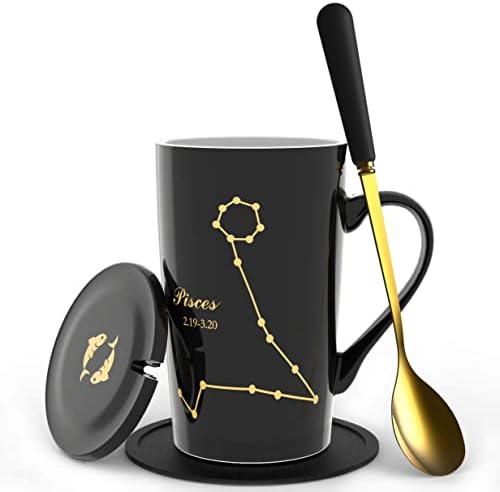 -15oz Scorpio Coffee Mug With Long Handle Spoon Lid Birthday Gift Ceramic Creative Constellation Zodiac Capacity Tea Cup For Cocoa Water Milk Juice (Scorpio-Black Gold)