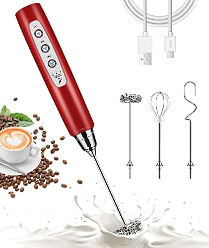  Handheld Milk Frother For Coffee, Rechargeable Electric Whisk With 3 Heads 3 Speeds Drink Mixer Foam Maker For Latte, Cappuccino, Hot Chocolate, Egg - Pink