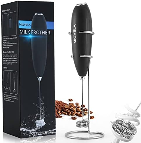  MIGVELA Coffee Milk Frother Handheld Electric Double Whisk Drink Mixer Battery Operated One-Button Hand Held Mini Foam Maker With Stand For Coffee Latte Cappuccino Hot Chocolate