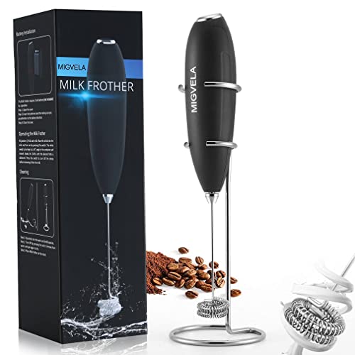  MIGVELA Coffee Milk Frother Handheld Electric Double Whisk Drink Mixer Battery Operated One-Button Hand Held Mini Foam Maker With Stand For Coffee Latte Cappuccino Hot Chocolate