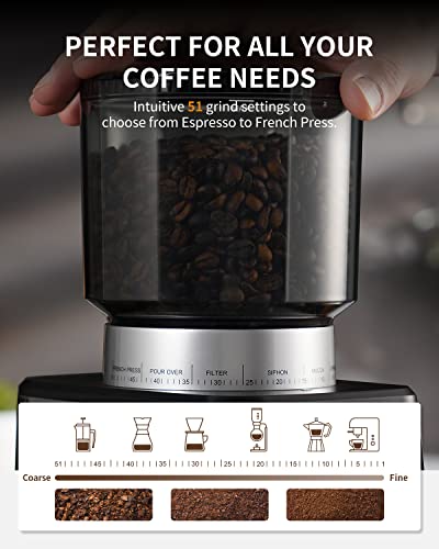  Conical Burr Coffee Grinder For Espresso With Precision Electronic Timer, Electric Adjustable Burr Mill With 51 Precise Settings, Brushed Stainless Steel