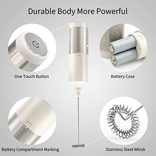  Ilk Frother Handheld Battery Operated, Waterproof Electric Whisk Foam Maker For Coffee, Durable Original Drink Mixer For Latte, Cappuccino, Hot Chocolate, Stainless Steel Frother, 6 Colors (White)
