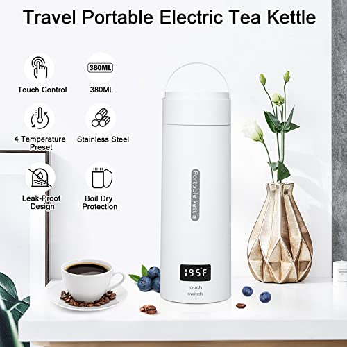  Travel Electric Kettle Small Stainless Steel, Portable Electric Kettle Temperature Control, Travel Tea Kettle Automatic Shut Off, Portable Water Boiler, One Cup Hot Water Maker (380ml)
