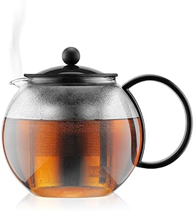 Bodum Assam Glass Tea Press With Stainless Steel Filter And Black Handle And Lid, 1.0-Liter, 34-Ounce