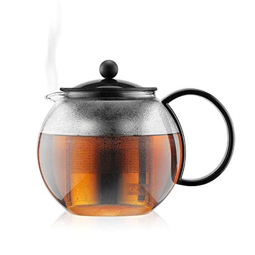 Bodum Assam Glass Tea Press With Stainless Steel Filter And Black Handle And Lid, 1.0-Liter, 34-Ounce