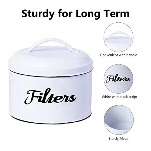  Coffee Filter Holder For Counter, Coffee Filter Holder Storage White Enamelware Basket Container Round With Lid, Rustic Farmhouse Coffee Bar Décor