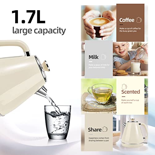  Electric Kettle,Tea Kettle,1.7 Litre Retro Style Kettle,Kitchen Countertop Coffee Tea Hot Water Kettle,Double Wall 304 Stainless Steel BPA Free Hot Water Boiler,Auto Shut-Off And Boil-Dry Protection (Cream)